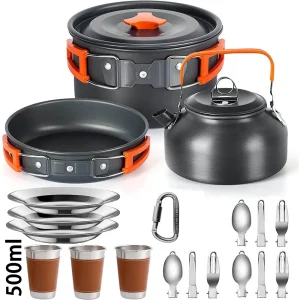 Camping Cookware and Tableware Set. For 2 - 3 people, Non-Stick Pans.