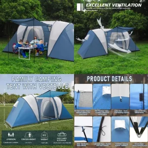Family size Camping Tent w/ Porch & Rainfly. Easy set-up, Dual-Room, Weather Resistant.