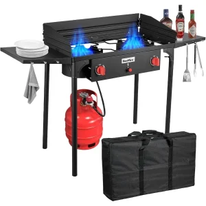 2 Burner Camping Stove with Windpanel and Side Shelves, Auto Ignition Button Regulator 150 000 BTU Propane Burner.