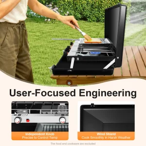 Portable Gas Camping Stove 3 Burners 4.5KW Total Power  Piezo Ignition, Windproof Lid Foldable Lockable Anti-slip Feet