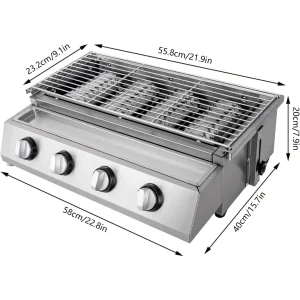 Professional 4-Burner Stainless Steel Portable Tabletop Propane/LPG Gas Grill ,Smokeless for Camping