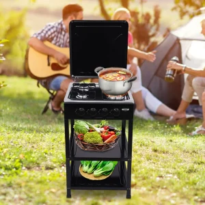 4 Burner Outdoor Gas Stove with Removable Storage Stand, with Wind Blocking Cover