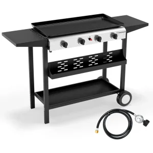 Portable Propane Griddle with 4 Burners, 40,000 BTU Gas Grill, Enamel Tray, Rolling Top, Electric Ignition, Side Shelf,