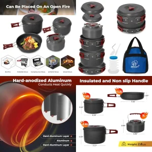 24//11/8/4 Camping Cookware Mess Kit, Lightweight Backpacking Cooking Set,