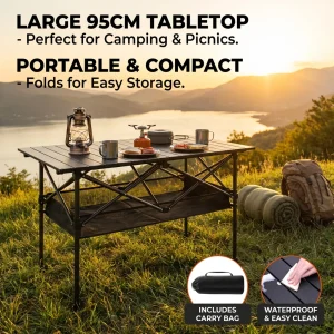 Portable Folding Outdoor Table, Lightweight Camping Table with Mesh Storage Shelf,