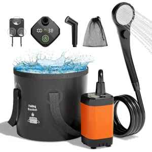 Upgrade Rechargeable Portable Camping Shower, 5 Gallon Collapsible Bucket, LED Display, Multiple Spray Modes,